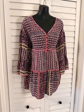 Maeve by Anthropologie Boho Multicolor Printed V-Neck Tunic Blouse Size Medium